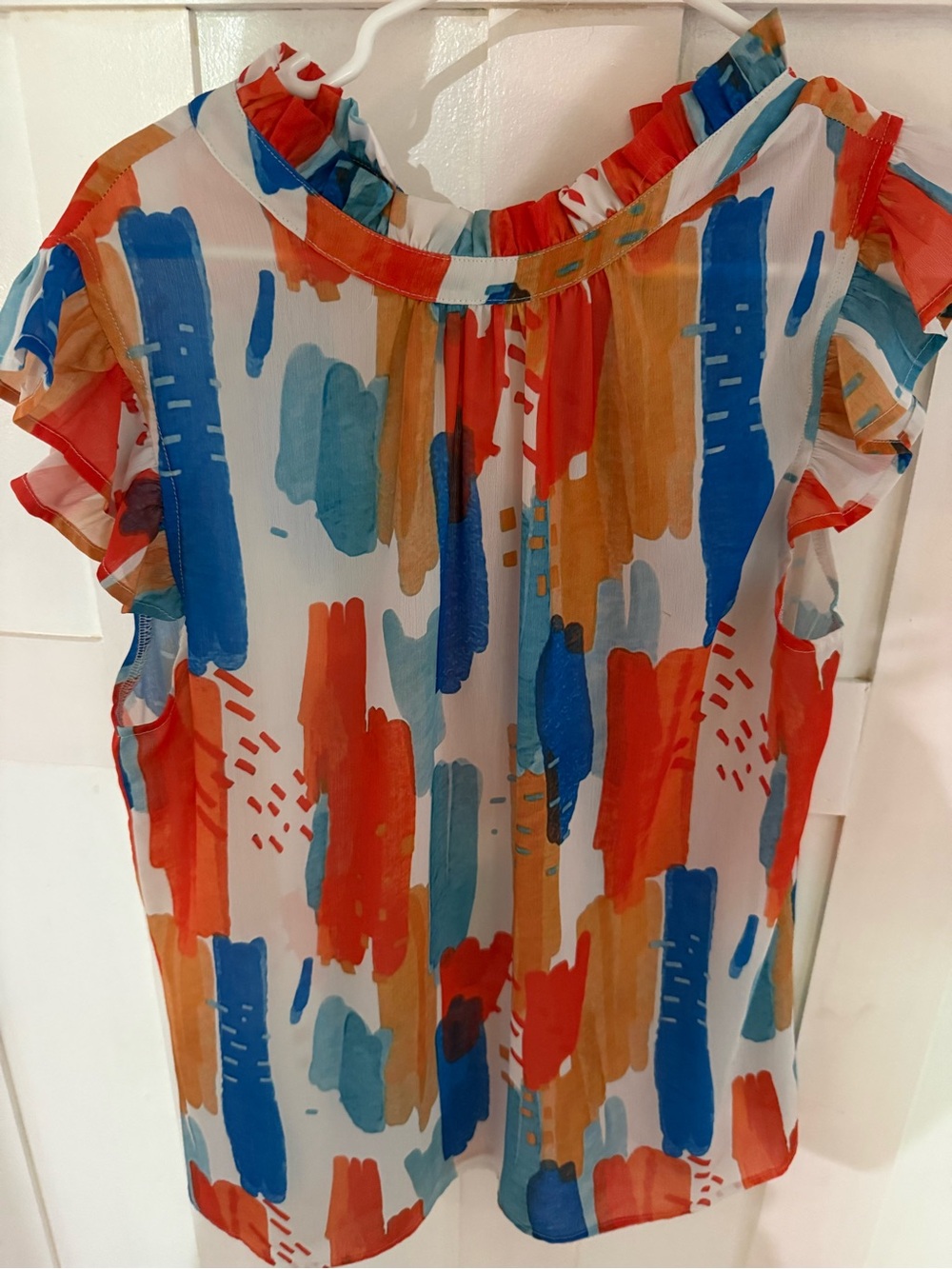 Others Follow Abstract Brushstroke Flutter Sleeve Top - White/Red/Blue/Orange